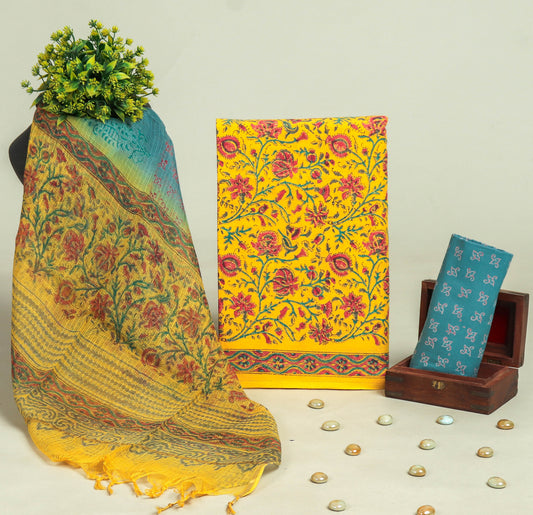 Beautiful Discharge Printed Cotton Suit with Pure Kota Doria Dupatta