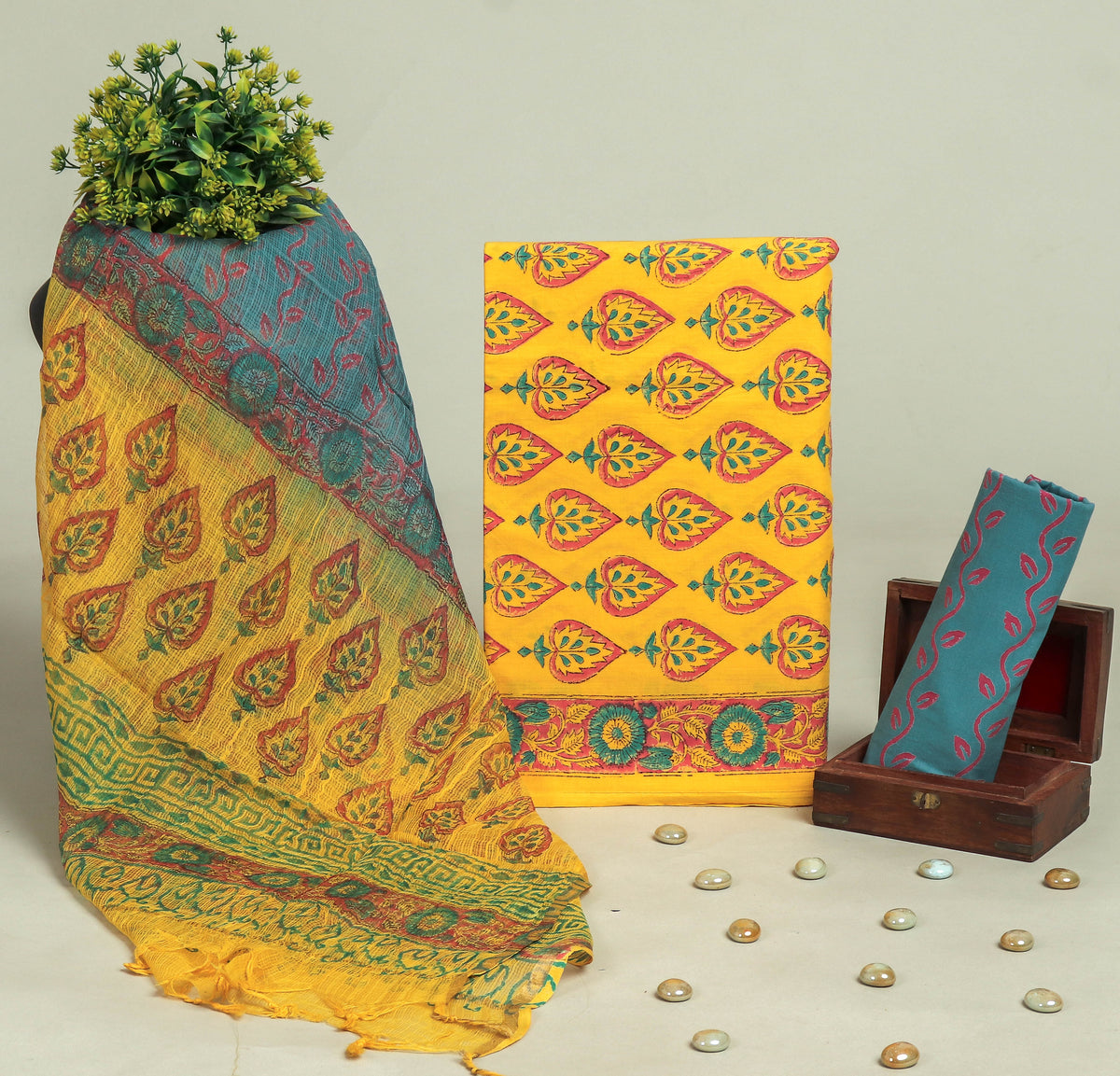 Beautiful Discharge Printed Cotton Suit with Pure Kota Doria Dupatta