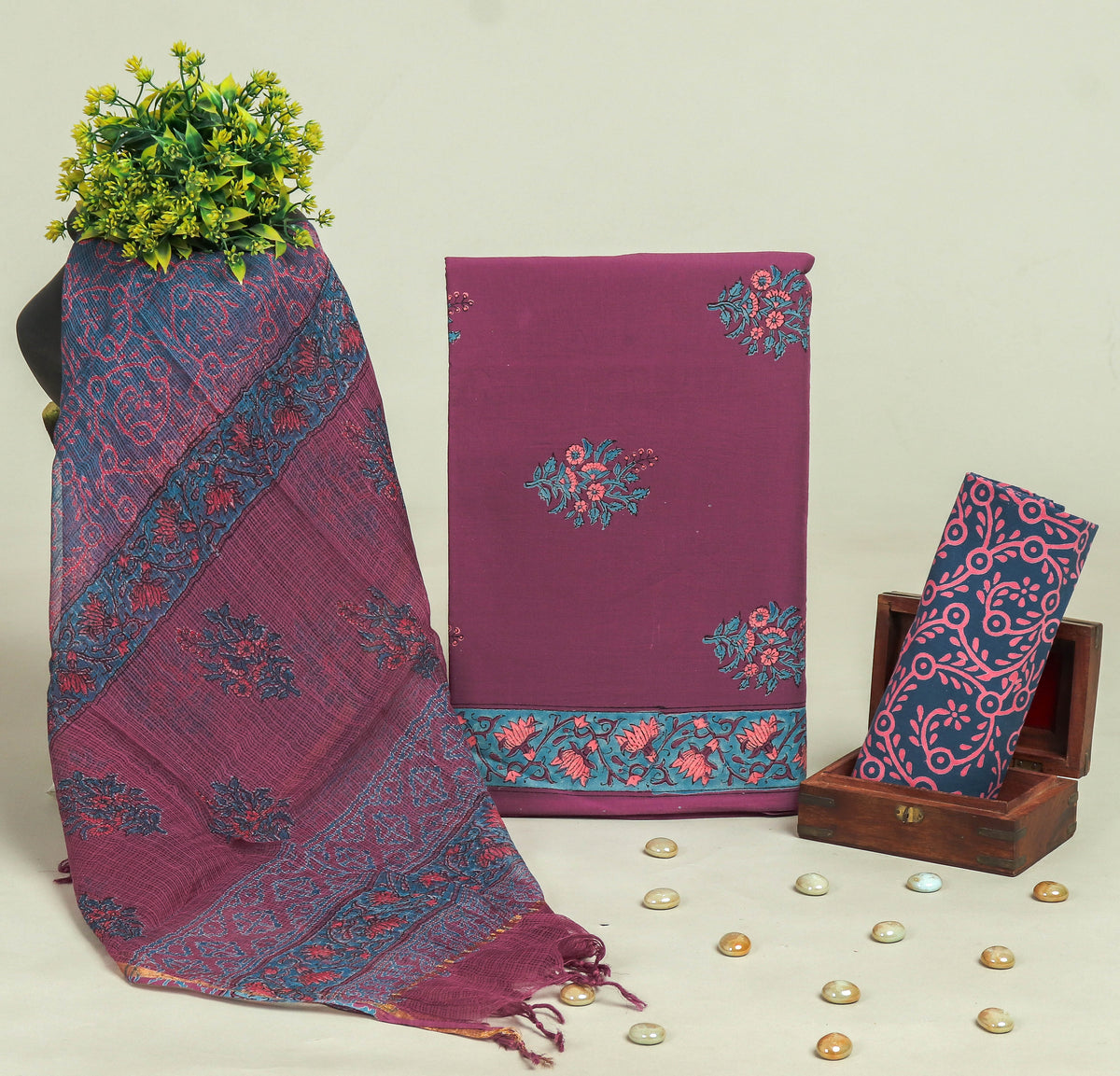 Beautiful Discharge Printed Cotton Suit with Pure Kota Doria Dupatta