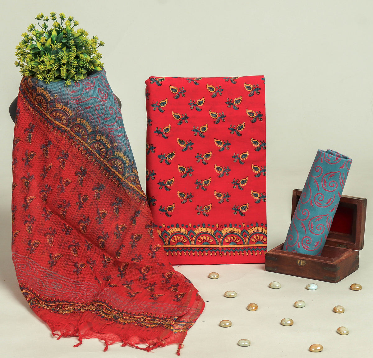 Beautiful Discharge Printed Cotton Suit with Pure Kota Doria Dupatta