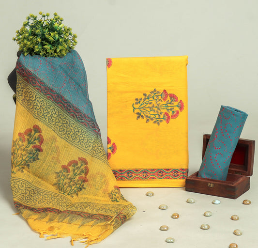 Beautiful Discharge Printed Cotton Suit with Pure Kota Doria Dupatta