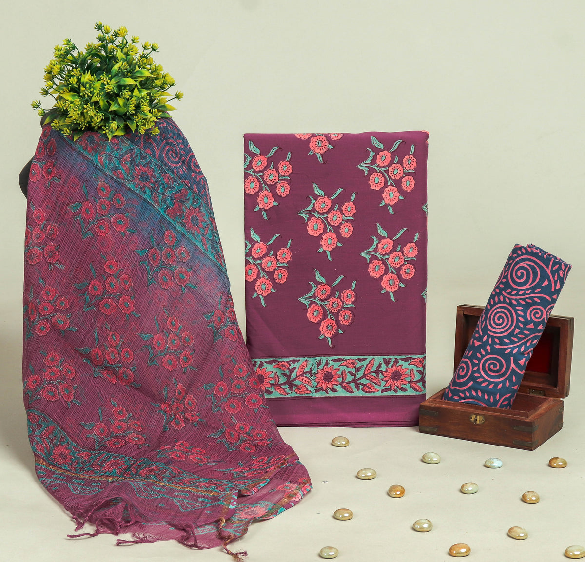 Beautiful Discharge Printed Cotton Suit with Pure Kota Doria Dupatta