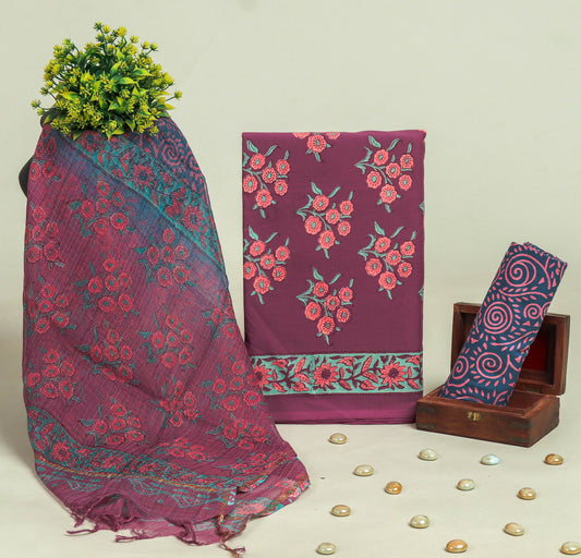 Beautiful Discharge Printed Cotton Suit with Pure Kota Doria Dupatta