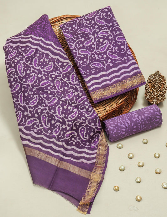 Hand Block Printed Maheshwari Silk Suit with Maheshwari Silk Dupatta