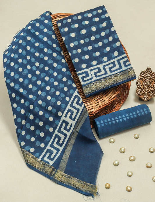 Indigo Blue Hand Block Printed Maheshwari Silk Suit with Maheshwari Silk Dupatta