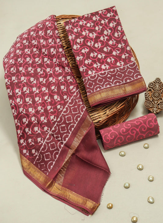 Hand Block Printed Maheshwari Silk Suit with Maheshwari Silk Dupatta