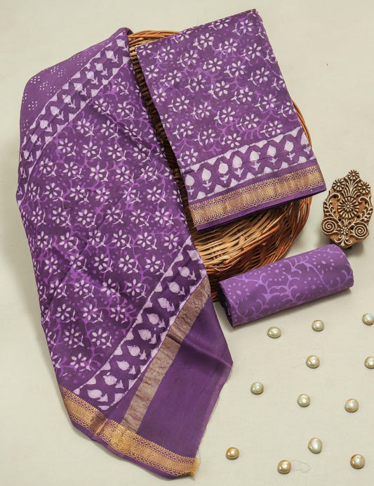 Hand Block Printed Maheshwari Silk Suit with Maheshwari Silk Dupatta