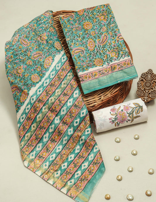Hand Block Printed Maheshwari Silk Suit with Maheshwari Silk Dupatta