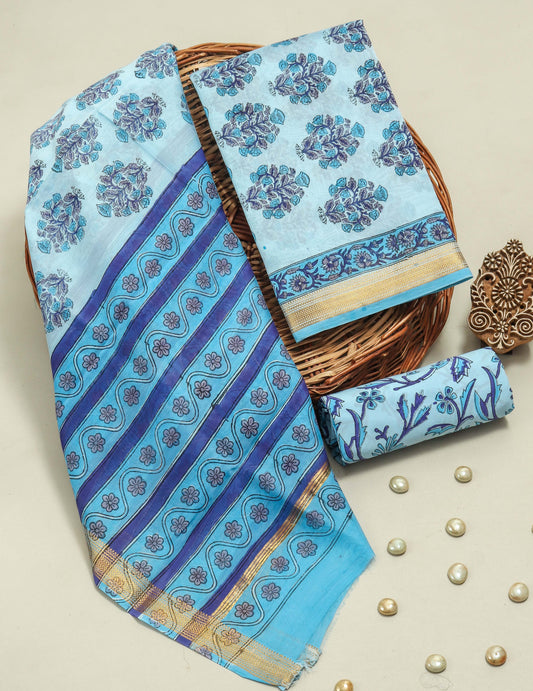 Hand Block Printed Maheshwari Silk Suit with Maheshwari Silk Dupatta
