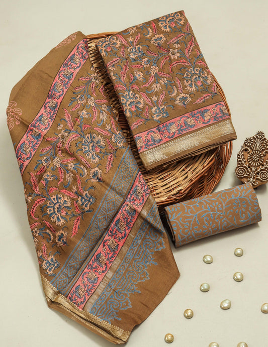 Hand Block Printed Maheshwari Silk Suit with Maheshwari Silk Dupatta