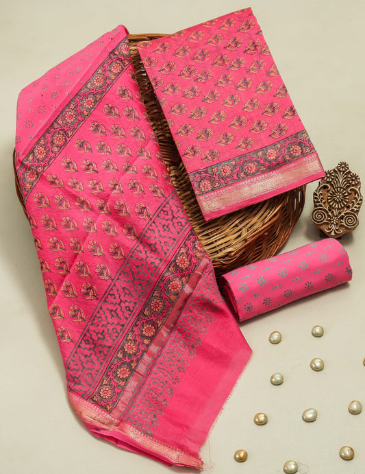 Hand Block Printed Maheshwari Silk Suit with Maheshwari Silk Dupatta