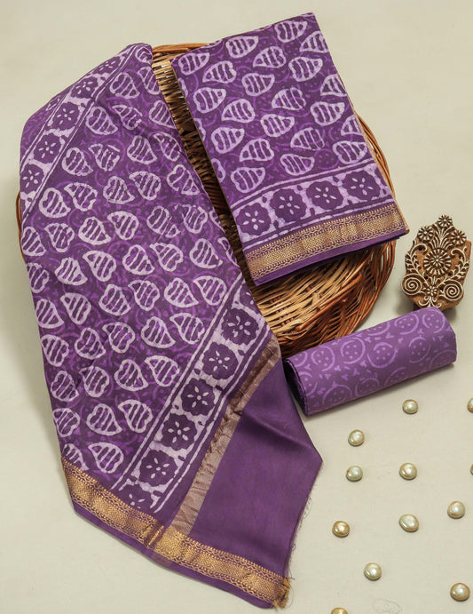 Hand Block Printed Maheshwari Silk Suit with Maheshwari Silk Dupatta
