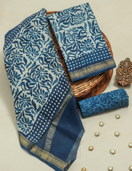 Hand Block Printed Maheshwari Silk Suit with Maheshwari Silk Dupatta