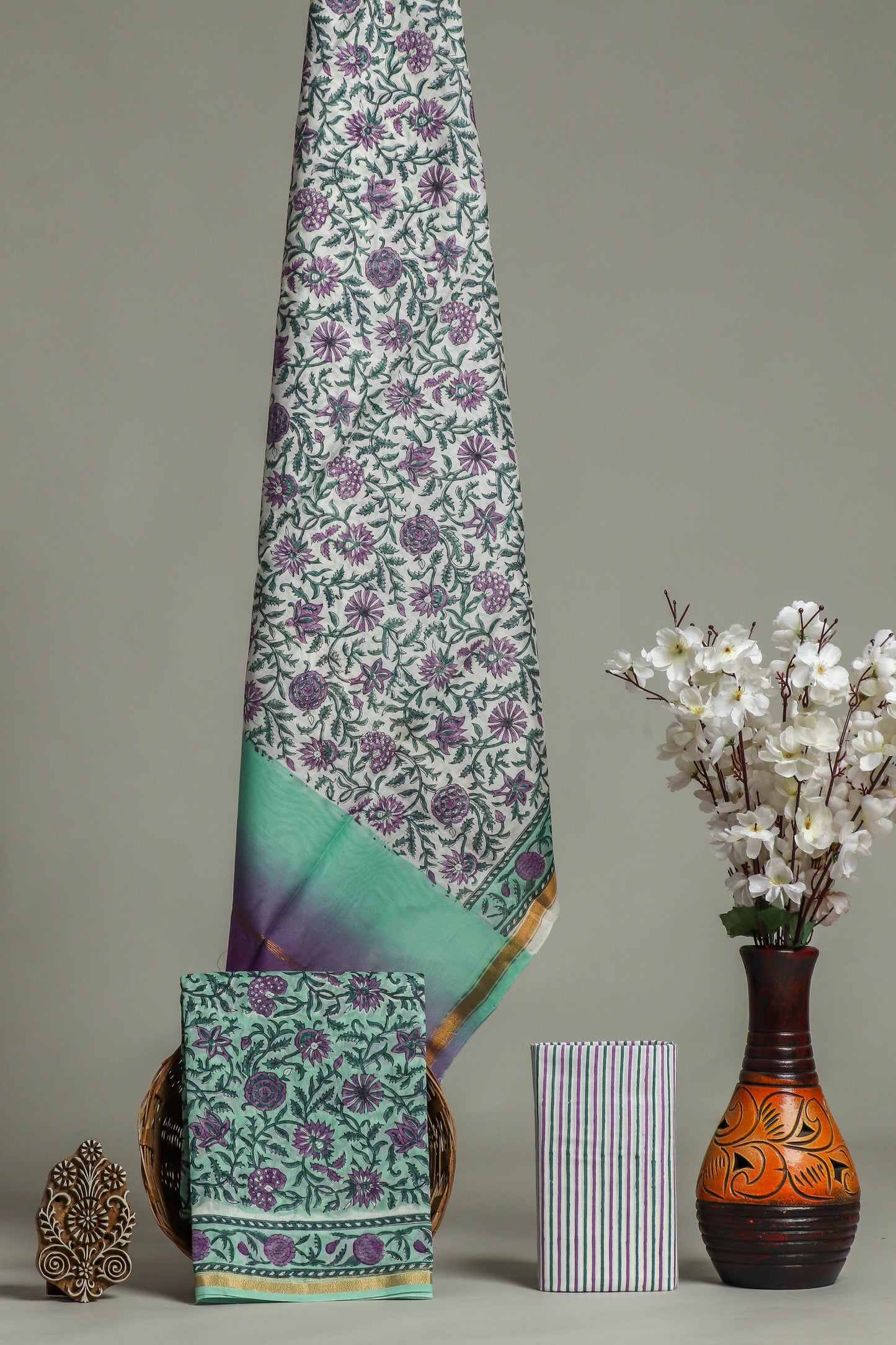 Hand Block Printed Chanderi Silk Suits with Chanderi Silk Dupatta