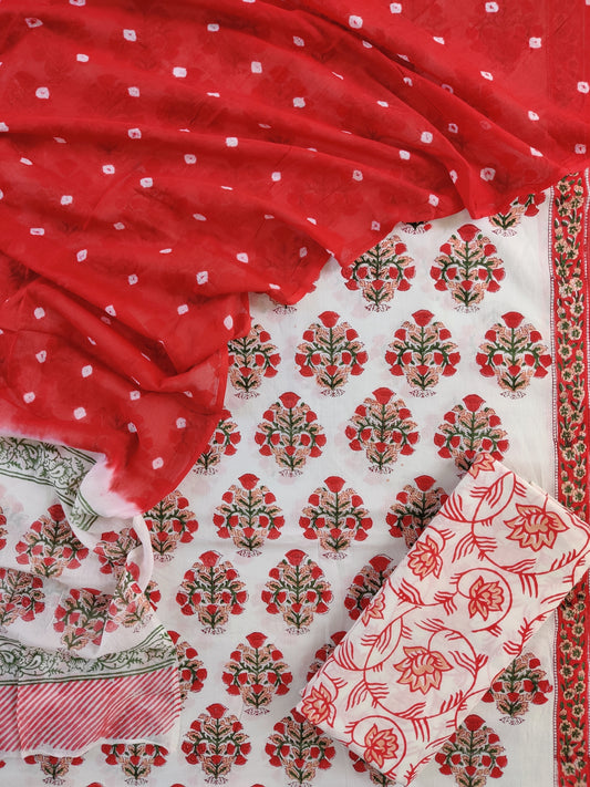 Hand Block Printed Cotton Suits with Mulmul Bandhej Dupatta