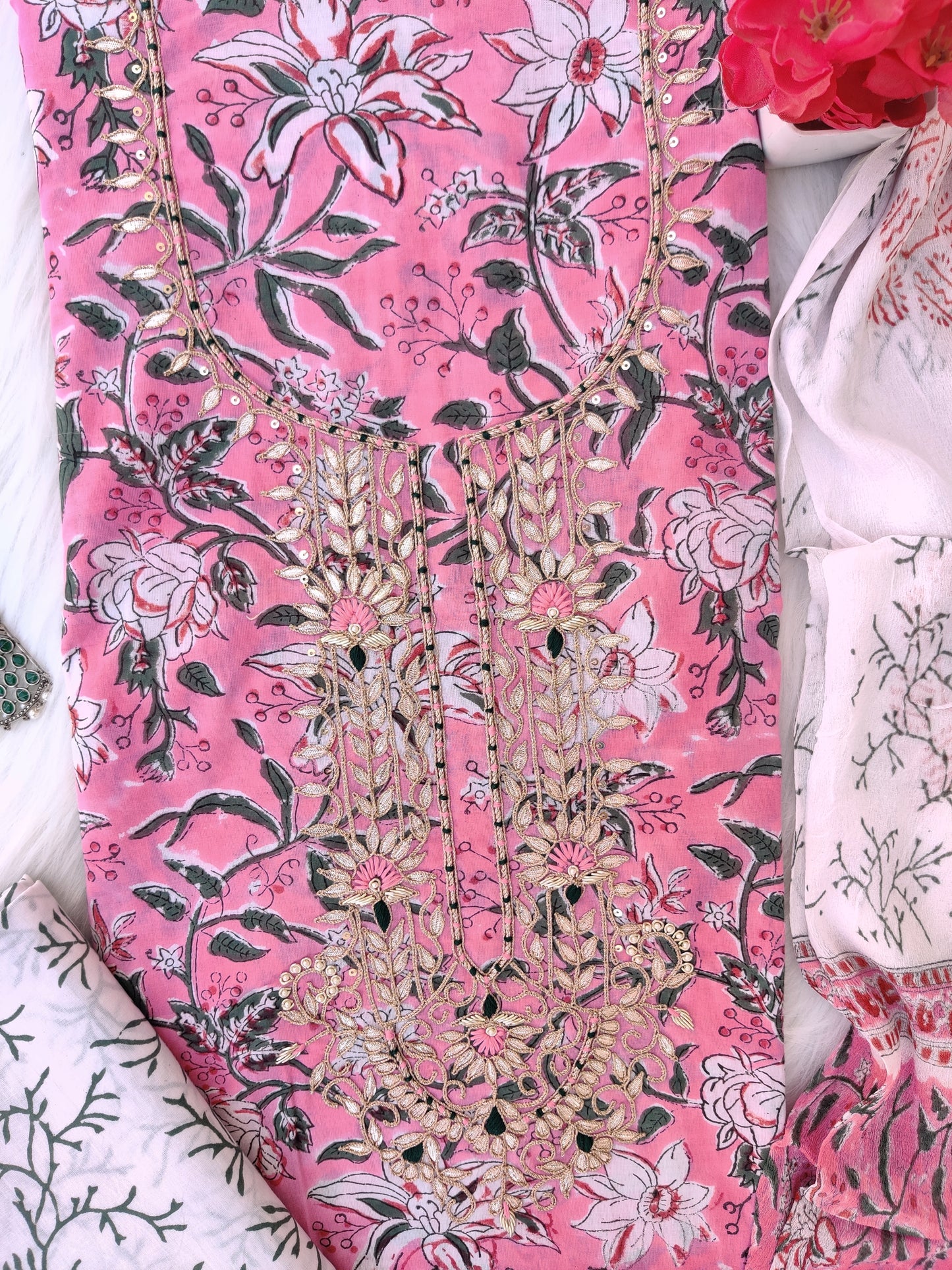 (SALE) FLORAL PRINTED COTTON GOTA PATTI SUIT WITH CHIFFON DUPATTA