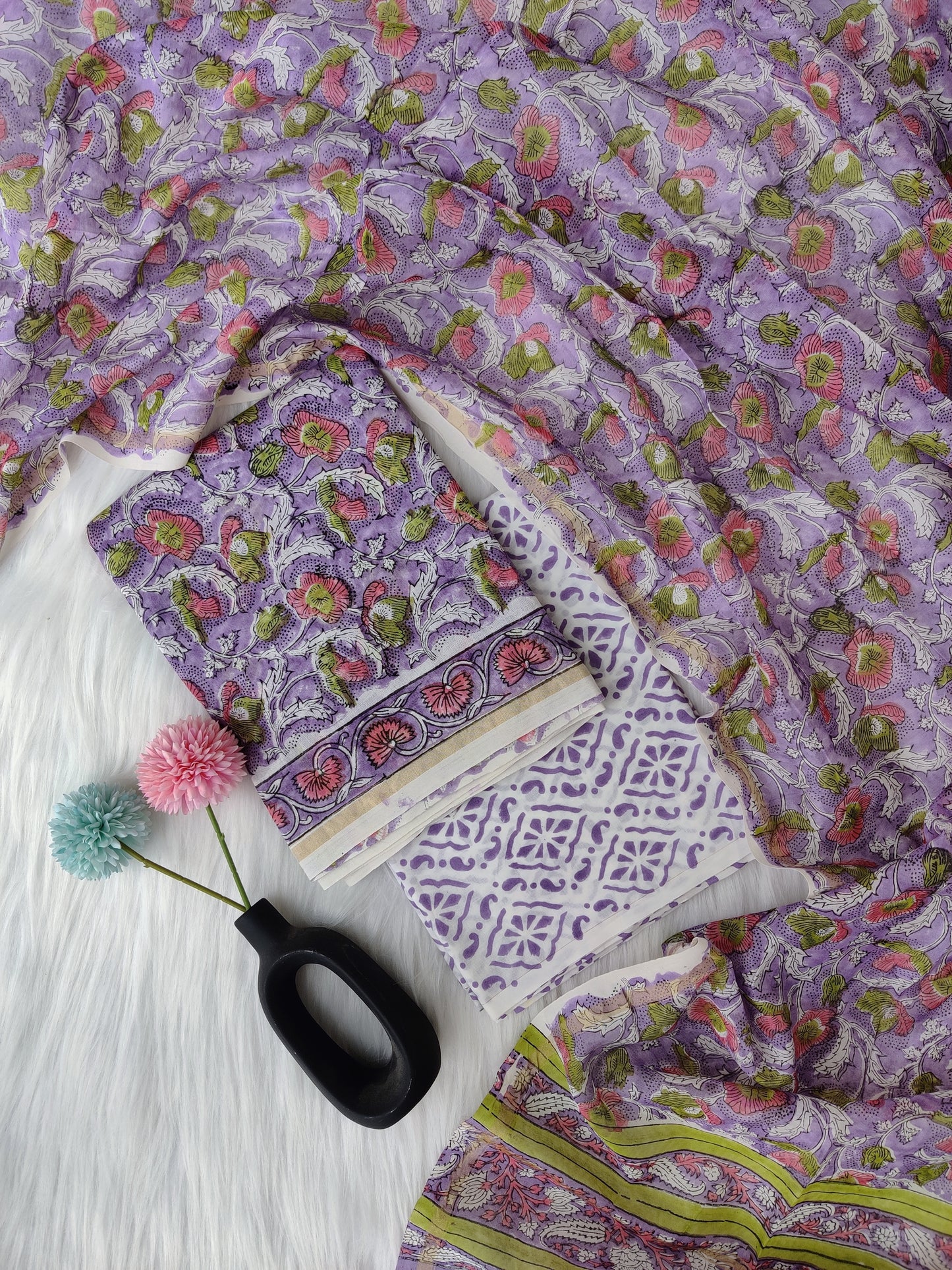 Hand Printed Chanderi Silk Suits with Chanderi Silk Dupatta