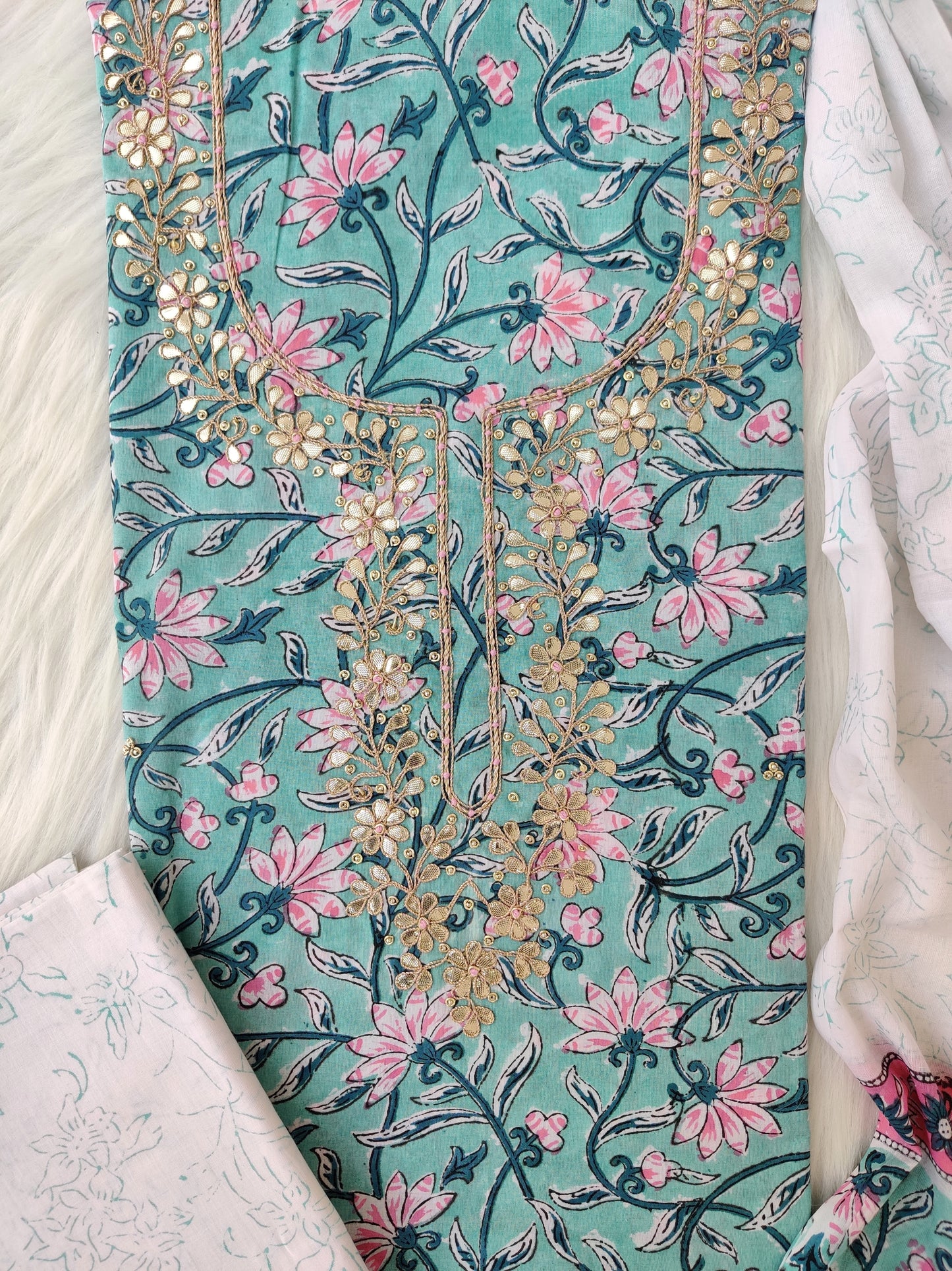 (SALE) FLORAL PRINTED COTTON GOTA PATTI SUIT WITH COTTON DUPATTA