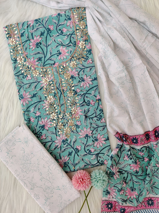 (SALE) FLORAL PRINTED COTTON GOTA PATTI SUIT WITH COTTON DUPATTA