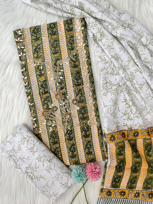 (SALE) FLORAL PRINTED COTTON GOTA PATTI SUIT WITH COTTON DUPATTA