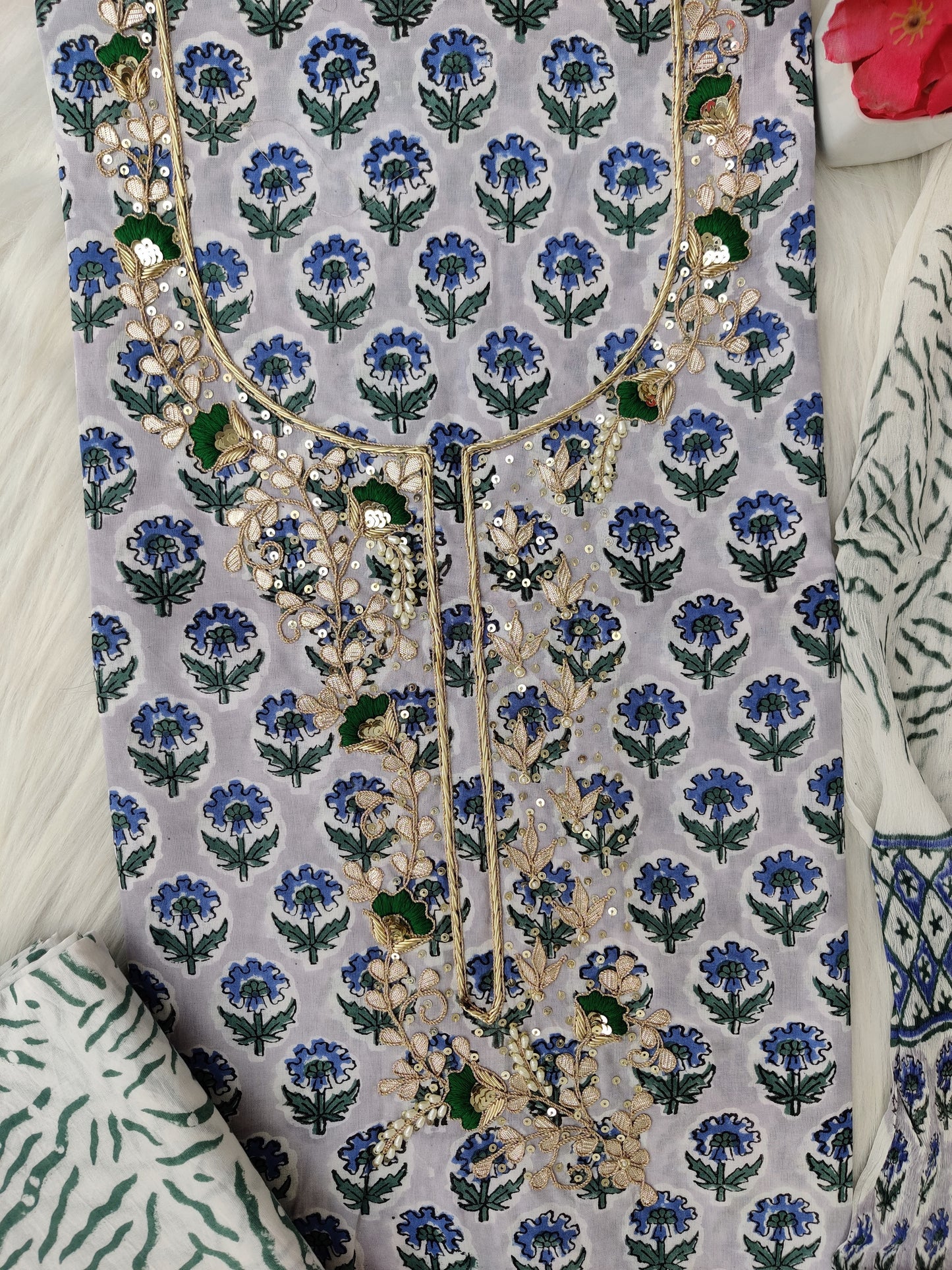 (SALE) FLORAL PRINTED COTTON GOTA PATTI SUIT WITH CHIFFON DUPATTA