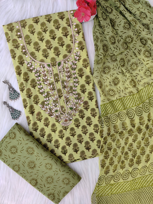 FLORAL PRINTED COTTON GOTA PATTI SUIT WITH CHIFFON DUPATTA