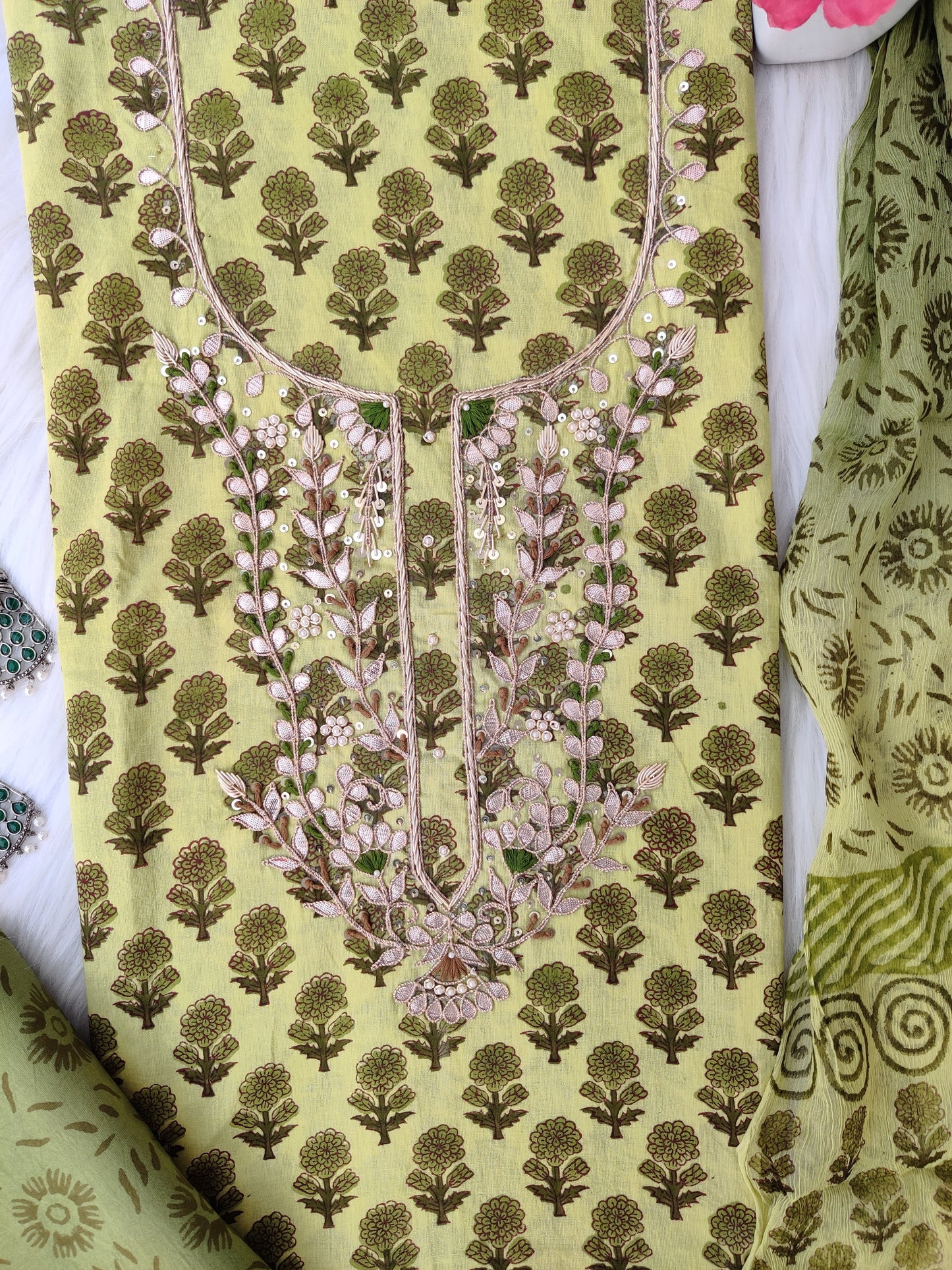 FLORAL PRINTED COTTON GOTA PATTI SUIT WITH CHIFFON DUPATTA
