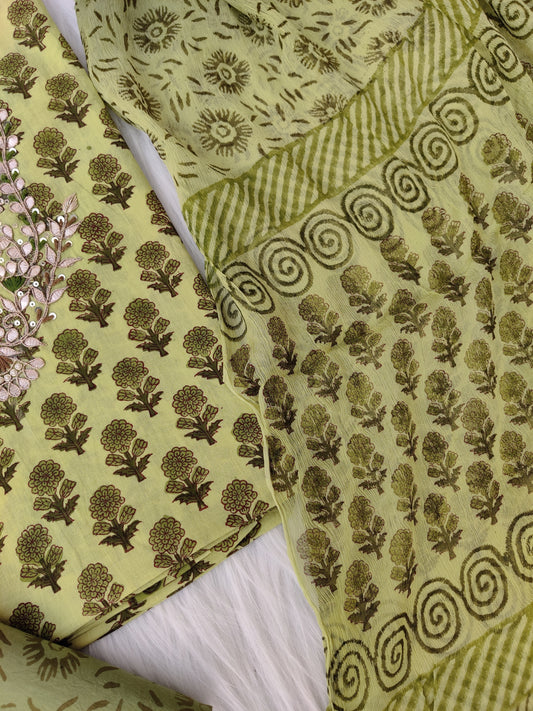 FLORAL PRINTED COTTON GOTA PATTI SUIT WITH CHIFFON DUPATTA