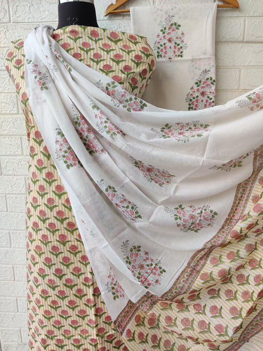 Hand Block Printed Cotton Suit With Mulmul Dupatta