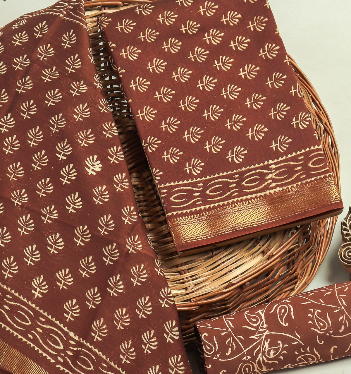 Hand Block Printed Maheshwari Silk Suit with Maheshwari Silk Dupatta