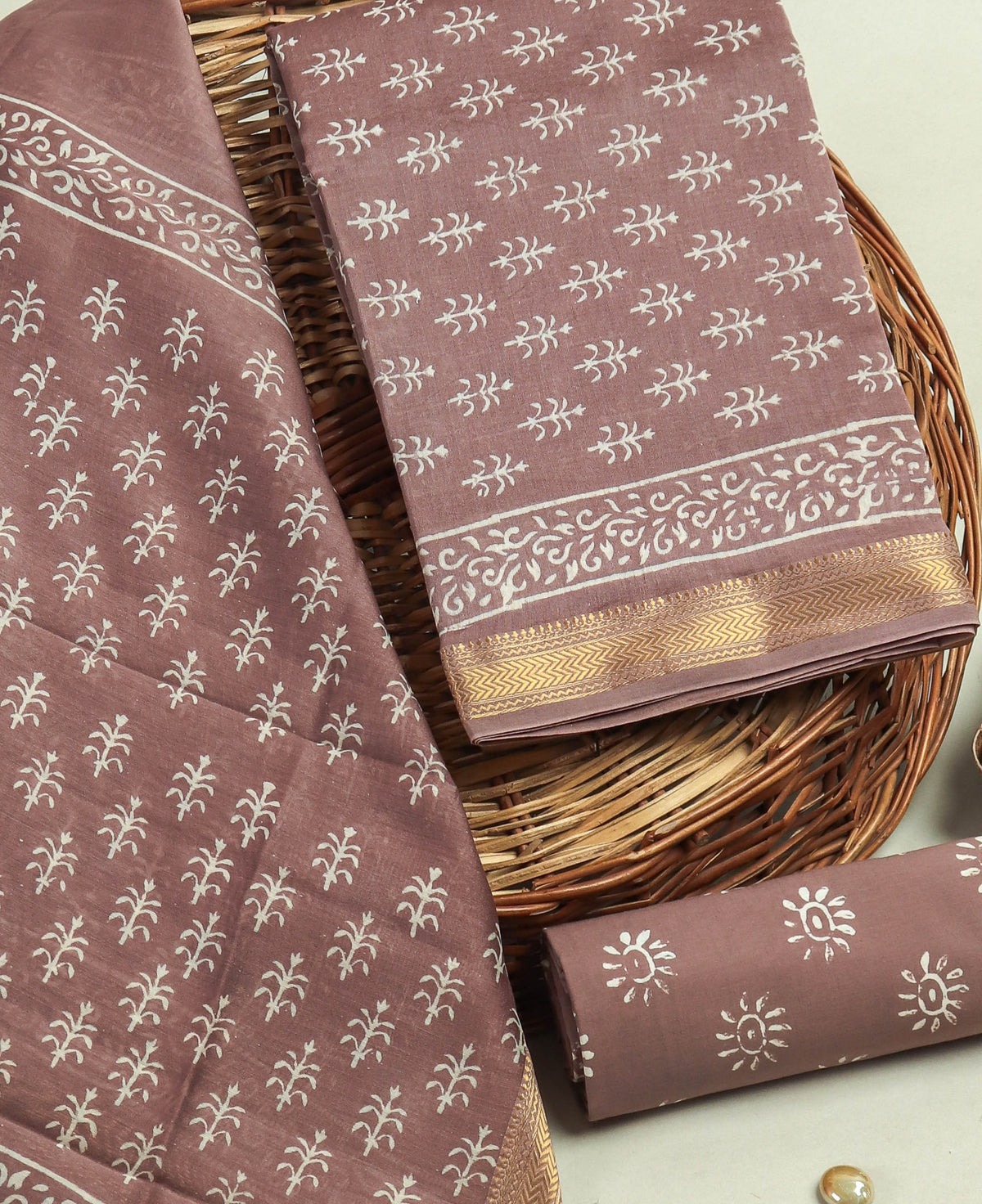 Hand Block Printed Maheshwari Silk Suit with Maheshwari Silk Dupatta