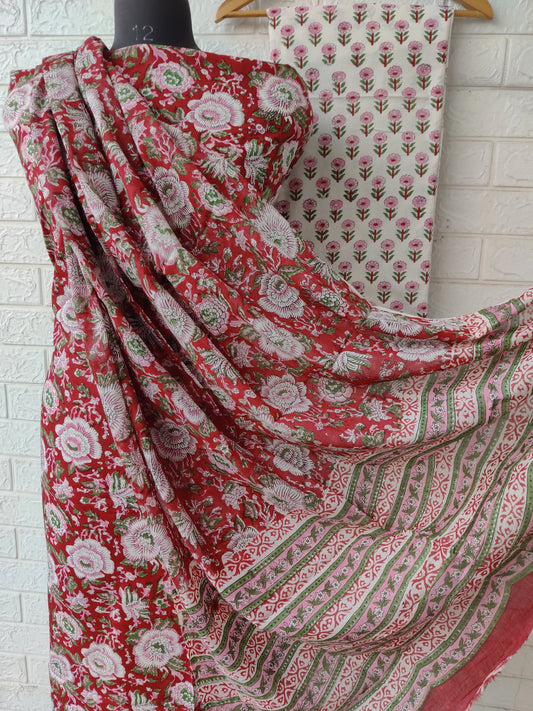 Hand Block Printed Cotton Suit With Mulmul Dupatta