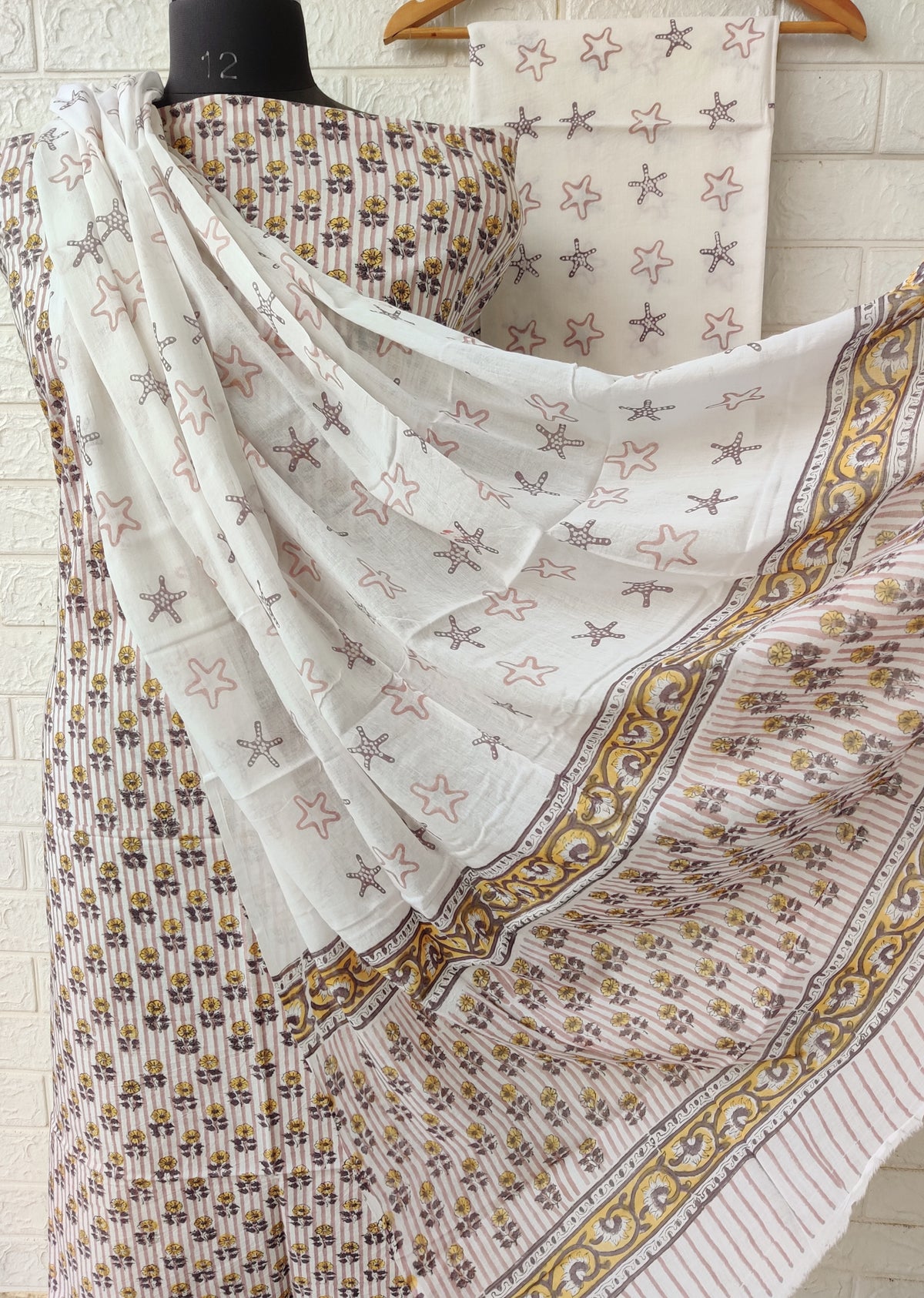 Hand Block Printed Cotton Suit With Mulmul Dupatta