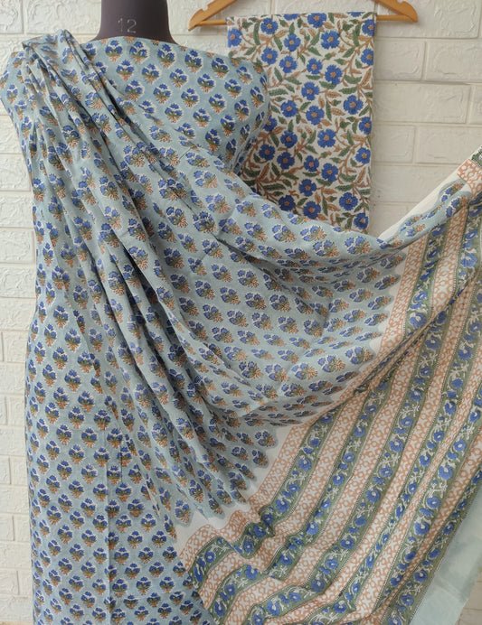 Hand Block Printed Cotton Suit With Mulmul Dupatta