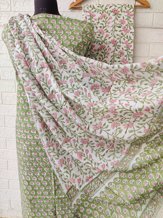 Hand Block Printed Cotton Suit With Mulmul Dupatta