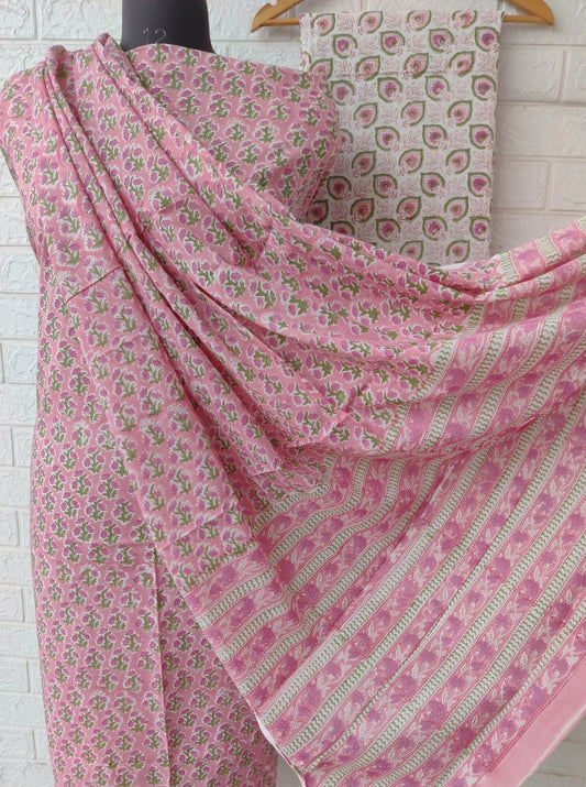 Hand Block Printed Cotton Suit With Mulmul Cotton Dupatta