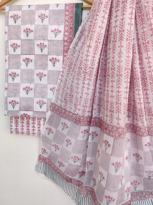 Hand Block Printed Cotton Suit With Mulmul Cotton Dupatta
