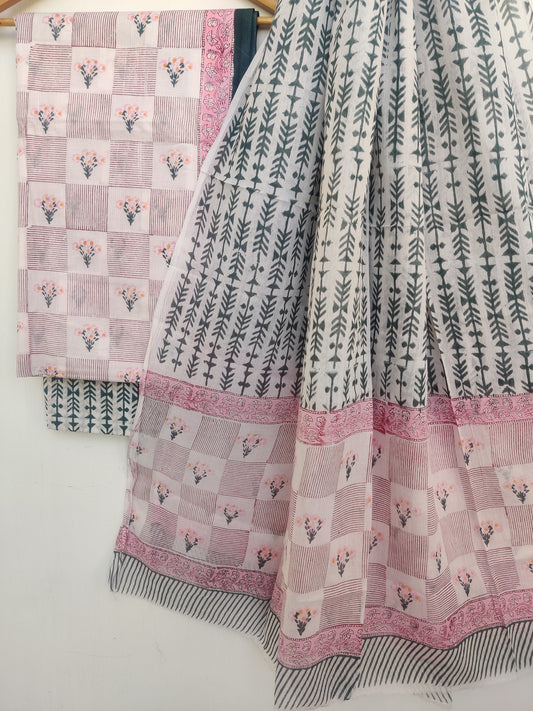 Hand Block Printed Cotton Suit With Mulmul Cotton Dupatta