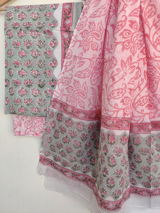 Hand Block Printed Cotton Suit With Mulmul Cotton Dupatta