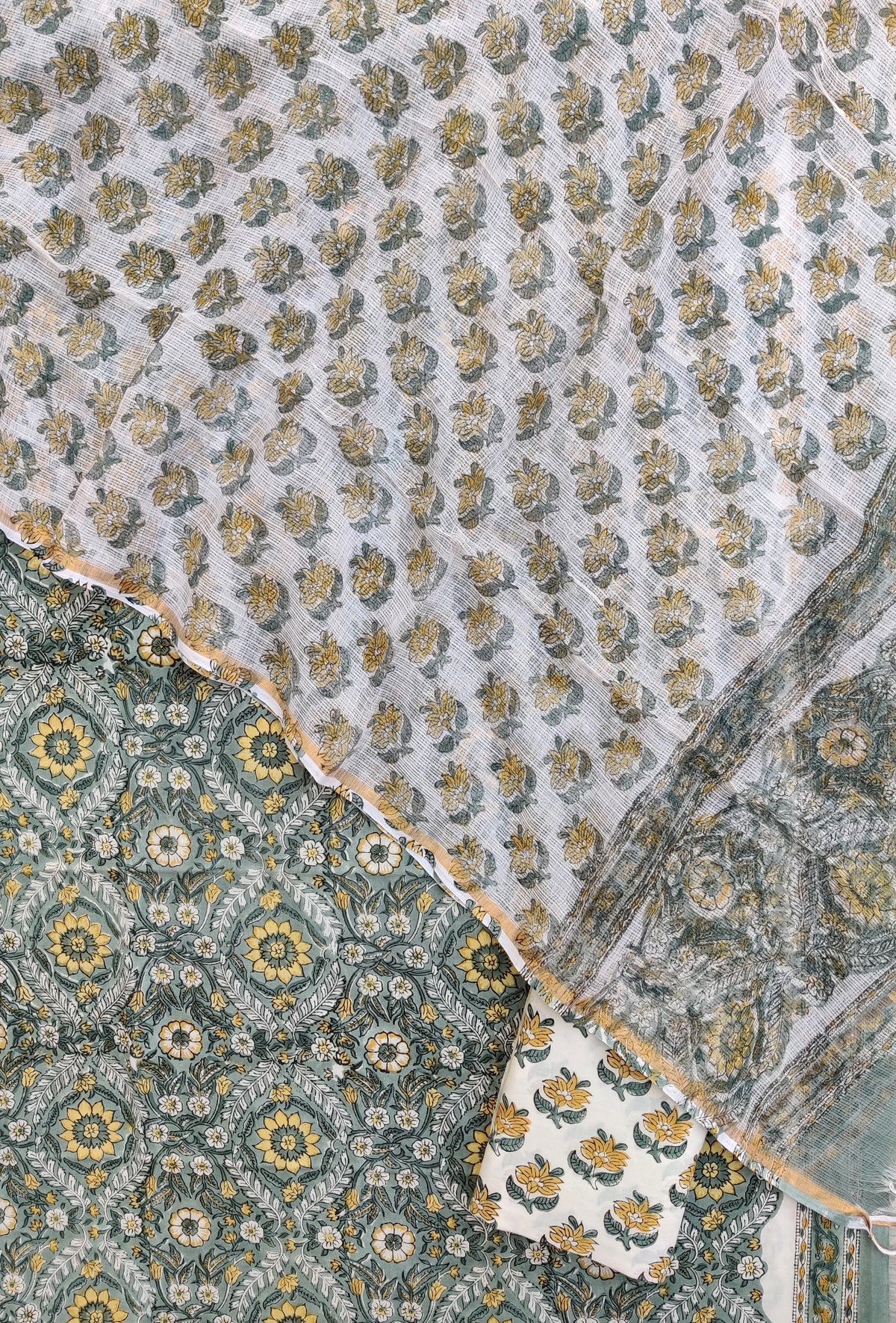 Hand Block Printed Cotton Suit with Cotton Kota Doria dupatta