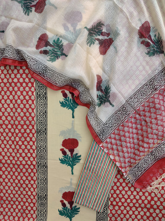 Hand Block Printed Cotton Suit with Cotton Kota Doria dupatta