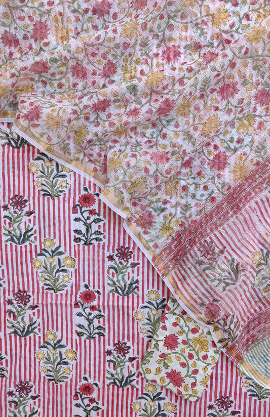 Hand Block Printed Cotton Suit with Cotton Kota Doria dupatta