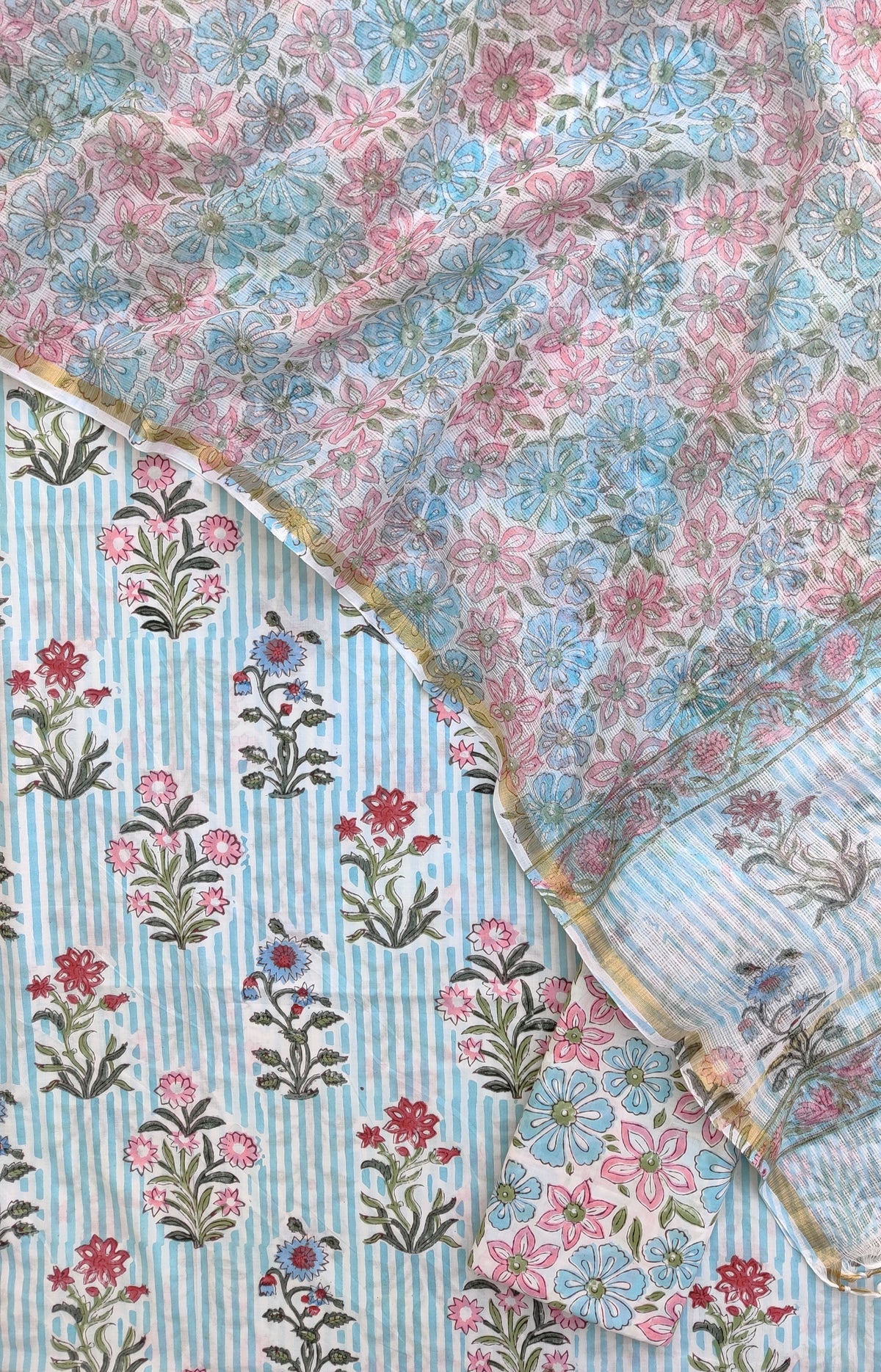 Hand Block Printed Cotton Suit with Cotton Kota Doria dupatta