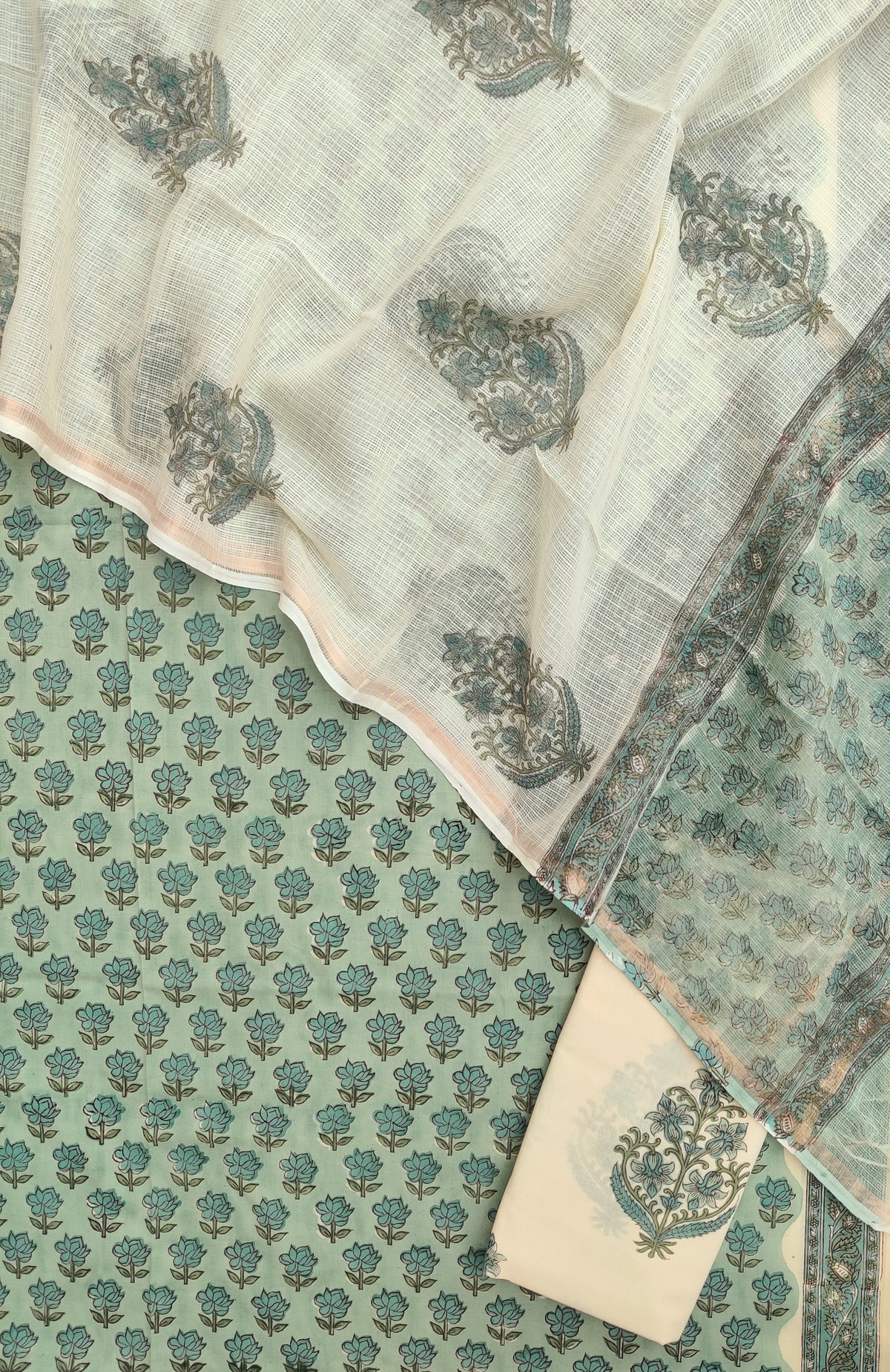 Hand Block Printed Cotton Suit with Cotton Kota Doria dupatta