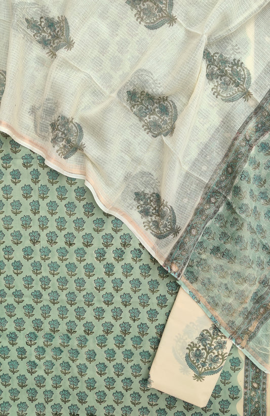 Hand Block Printed Cotton Suit with Cotton Kota Doria dupatta