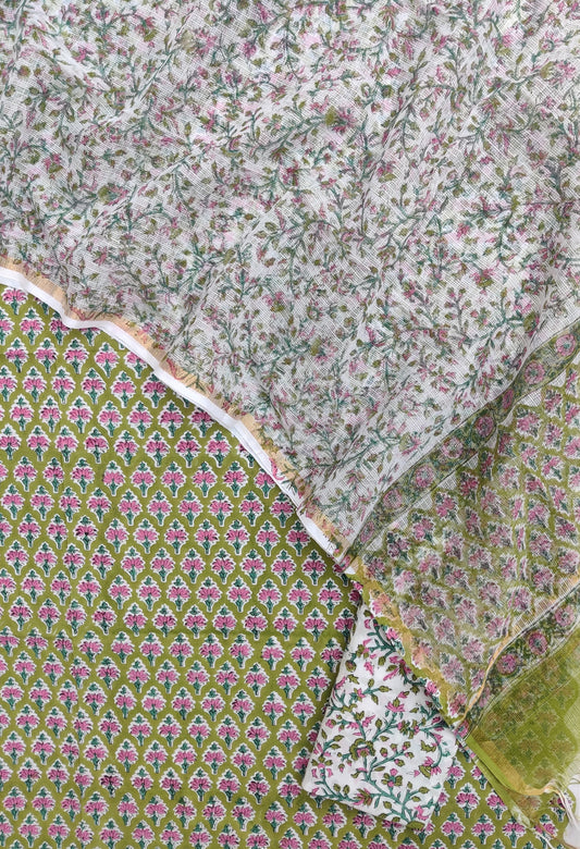 Hand Block Printed Cotton Suit with Cotton Kota Doria dupatta