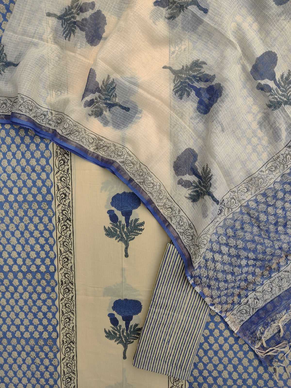 Hand Block Printed Cotton Suit with Cotton Kota Doria dupatta