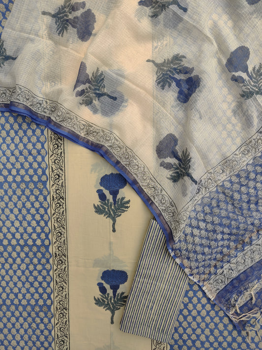 Hand Block Printed Cotton Suit with Cotton Kota Doria dupatta