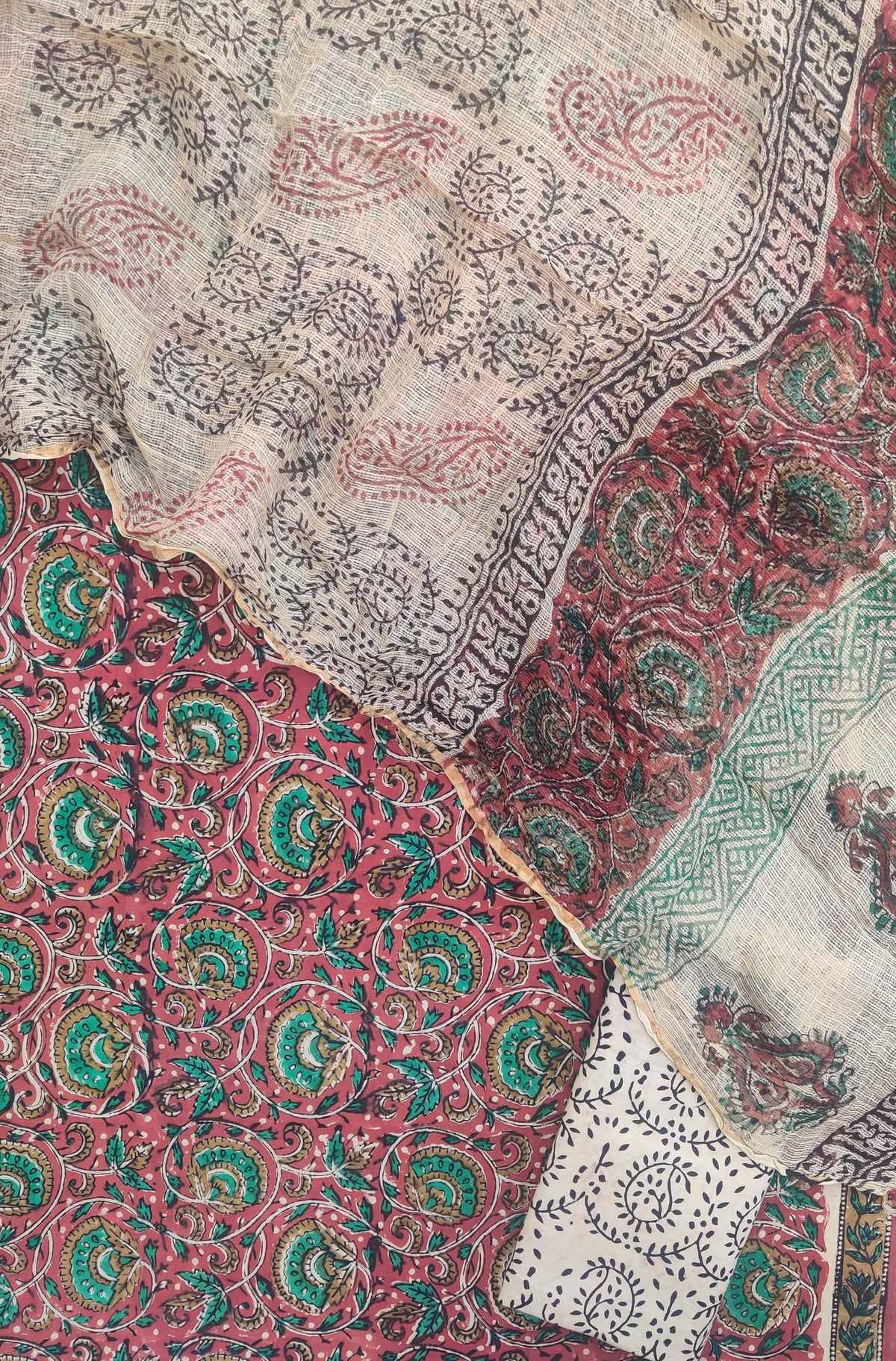 (KALAMKARI) Hand Block Printed Cotton Suit with Cotton Kota Doria Dupatta