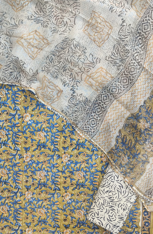 (KALAMKARI) Hand Block Printed Cotton Suit with Cotton Kota Doria Dupatta